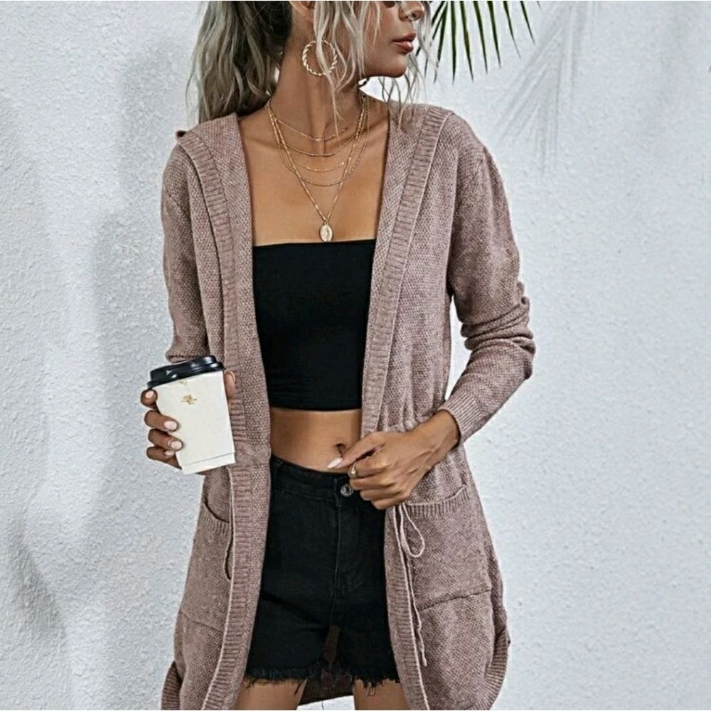 Hooded Drawstring Waist Cardigan - Picture 4 of 11